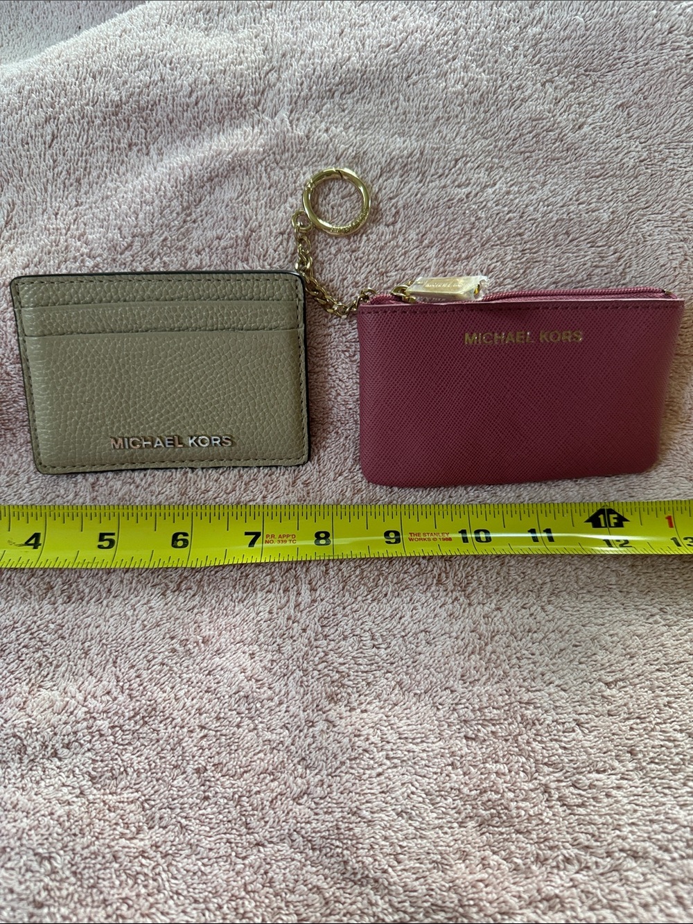 Michael Kors Pink Zip Coin Pouch with Beige Card Holder Keychain